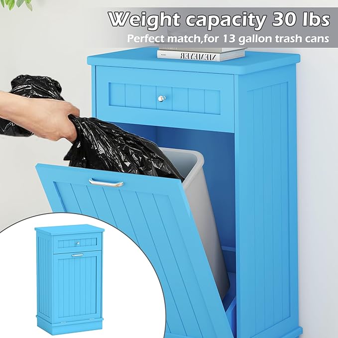 Betterhood Tilt Out Trash Cabinet 10 Gallon Wooden Free Standing Laundry Sorter Cabinet,Recycling Cabinet with Hideaway Drawer,Tilt Out Trash Cabinet Can Bin Kitchen (Single Light Blue, Single Dooor)