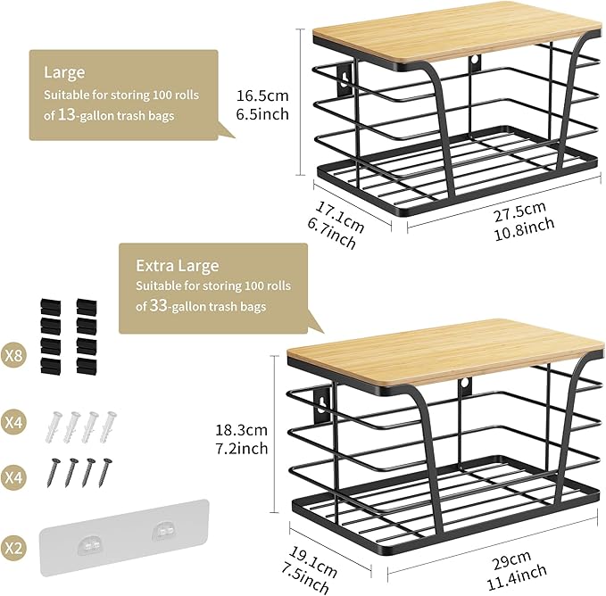 2 Pack Extra Large Pantry Storage Organizers, Pantry Baskets organization, Potato and Onion Storage Bin, Wall Mount Trash Bag Storage for 13-33 Gallon Bags with Bamboo Top, Black