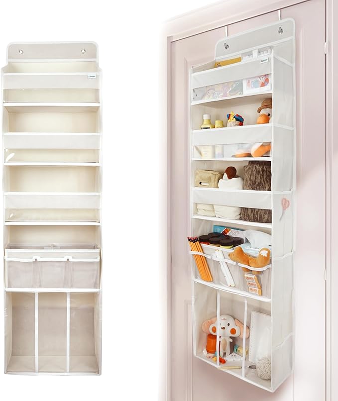 Door Hanging Storage Organizer,with 3 Bins 1 Movable Baby Diaper Caddy,1 Large capacity diaper stacking storage Organizer,10 Side Pockets ,Bedroom Door Storage for Nursery Baby Essentials. (Beige)
