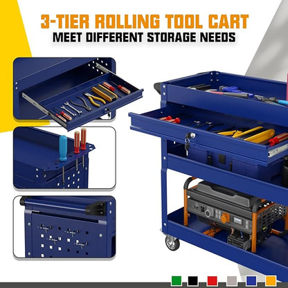 3 Tier Rolling Tool Cart with Drawers, 450 LBS Capacity Tool Cart on Wheels, Heavy Duty Rolling Utility Cart with Drawers, Rolling Utility Carts for Garage, Warehouse and Repair Shop,Blue