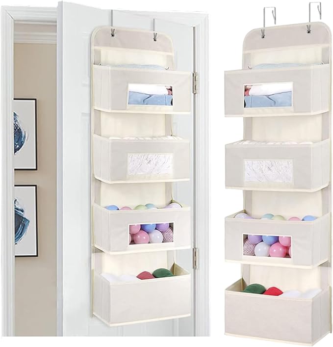 MAX Houser 4-Shelf Over The Door Hanging Organizer with 2 Metal Hooks, 4 Pocket Swing-Proof Behind Door Organizers with Clear Windows for Nursery Bathroom Closet,Dorm,Baby Diapers, Kids Toys (Beige)