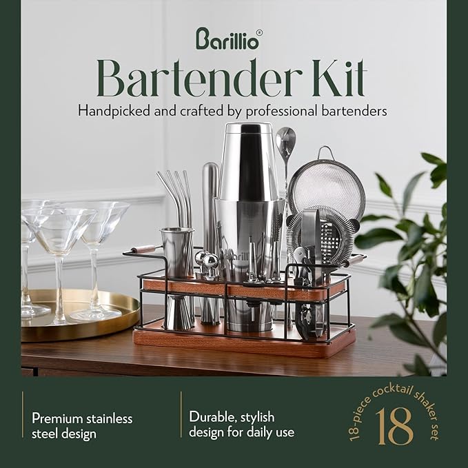 Barillio Bartender Kit – 23-Piece Stainless-Steel Cocktail Shaker Set with Premium African Mahogany Stand | Martini Barware Mixing Tools for Home Bartending | Gift Set