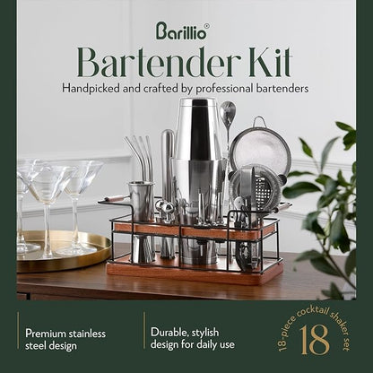 Barillio Bartender Kit – 23-Piece Stainless-Steel Cocktail Shaker Set with Premium African Mahogany Stand | Martini Barware Mixing Tools for Home Bartending | Gift Set