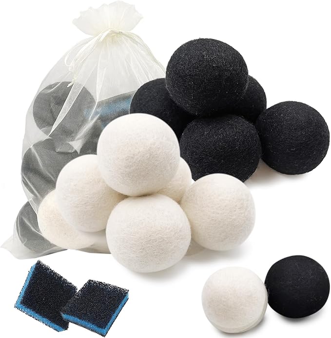 Daily Treasures 2.75"Wool Dryer Balls 12 Pack-Organic Wool Laundry Balls for Dryer,Natural Fabric Softener for Sensitive Skin,Reusable Laundry Dryer Balls Reduce Wrinkles&Drying Time(White & Black)