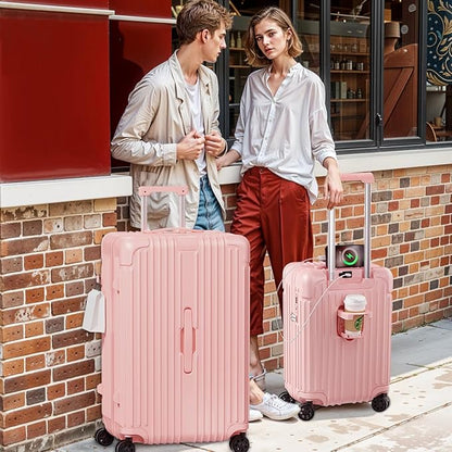 Krute Carry on Luggage 20 Inch USB Suitcases with Spinner Double Wheels Cup Holder PC+ABS Hardside Luggage with TSA Lock (Pink)