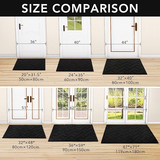 hicorfe Front Door Mat Outside Entrance,36"x59" Absorbent Muddy Dirt Resist Welcome Door Mats Outdoor Indoor,Stain and Fade Resistant,Non Slip Backing Entry Mat Doormat for Entryway(Black)