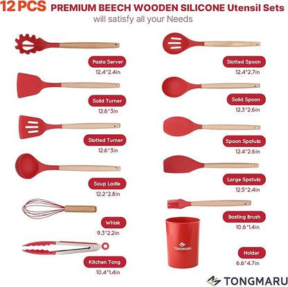 Silicone Cooking Utensils Set, Premium Beech Wood Handle Kitchen Gadgets Utensil Set, Non-Stick Kitchen Utensils Spatula, Tongs, Turner, Whisk, Brush, Spoon, BPA FREE, 446°F Resistant (Red)