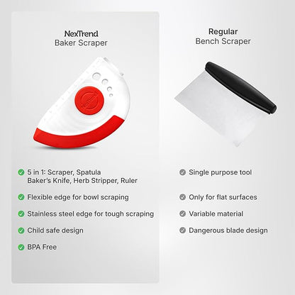 Nextrend BakerScraper – 5-in-1 Flexible Bowl Scraper, Bench Scraper and Dough Scraper with Stainless Steel Edge, Ruler & Herb Stripper – BPA Free, Dishwasher Safe - Red