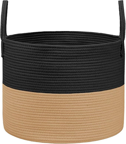 Woven Blanket Basket,115L Large Rope Storage Bin with Handles, Organizer for Blankets Toys Book and Clothes, Laundry Basket for Living Room Bedroom Nursery,Black&Jute