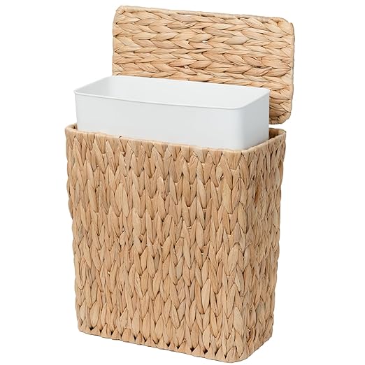 3 Gallon Wicker Trash Can,Small Bathroom Trash Can with Lid,Natural Water Hyacinth Wicker Waste Basket for Bedroom,Toilet,Narrow Garbage Can with Removable Liner