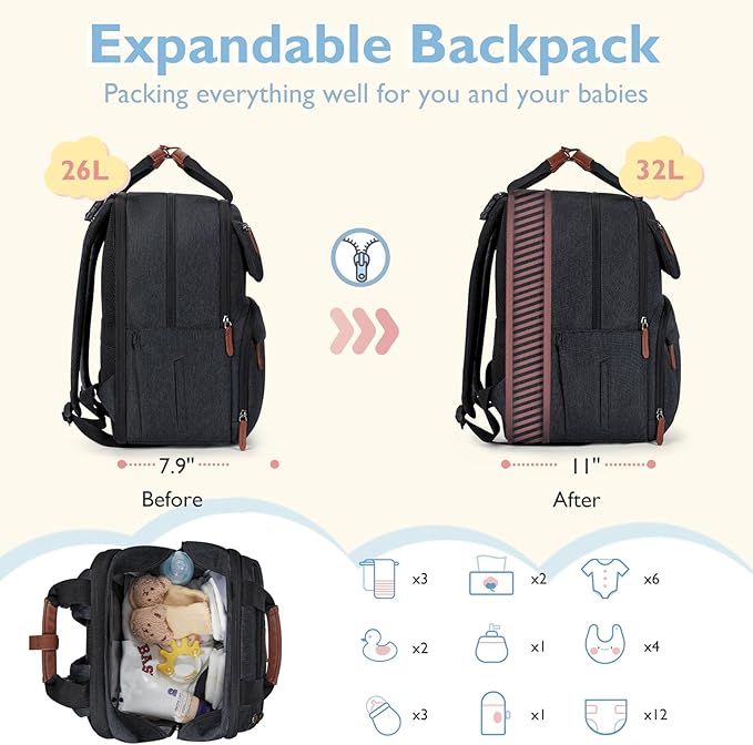 mommore Diaper Bag Backpack, Large Diaper Bag Expandable for 2 Kids/Twins, Durable Baby Bag with Changing Pad, Water Resistant Travel Diaper Backpack for Mom Dad