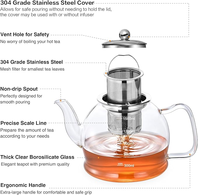 STNTUS Glass Teapot, 52 oz / 1500 ml for Loose Tea, Teapot with Infusers for Loose Tea, Stainless Steel Strainer, Tea Pot for Stove,