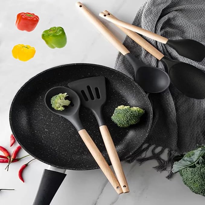 Non-Stick Silicone Cooking Utensils Set, 5 Pcs with Wooden Handle, Heat Resistant Silicone Kitchen Gadgets (Black)