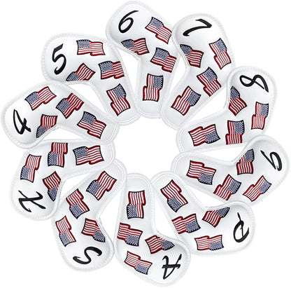 US Flag Golf Iron Covers Headcovers - 10pcs Patriotism Golf Club Covers for Irons - White Synthetic Leather Golf Iron Wedge Head Covers fits for PXG, Taylormade, Mizuno JPX MP, Etc.