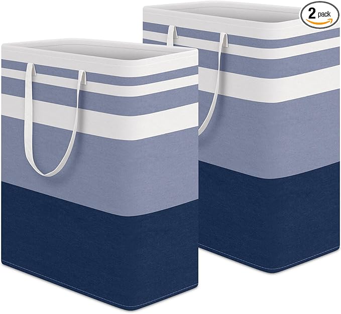 HomeHacks 2-Pack Large Laundry Basket, Waterproof, Freestanding Laundry Hamper, Collapsible Tall Clothes Hamper with Extended Handles for Clothes Toys in the Dorm and Family (Blue, 125L)