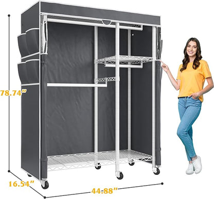 Raybee Clothes Rack with Cover,Clothing Racks for Hanging Clothes with Wheels and Adjustable Feets,Rolling Heavy Duty Garment Rack,White