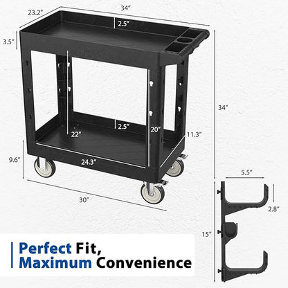 Heavy Duty Rolling Utility Cart with Wheels 2-Tier Utility Plastic Service Work Cart for Shop, Garage, Warehouse, Maintenance 550 lbs