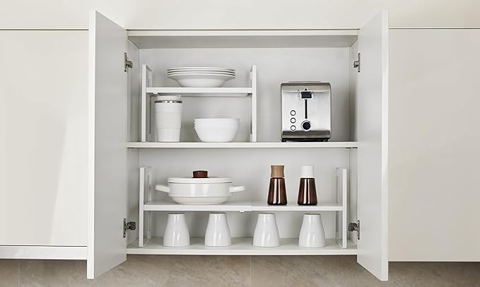 Nxconsu Cabinet Shelf Organizer Expandable 5 Heights Adjustable Stackable Rack Riser for Kitchen Pantry Cupboard Under Sink Organization Storage Space Saver Heavy Duty Metal White