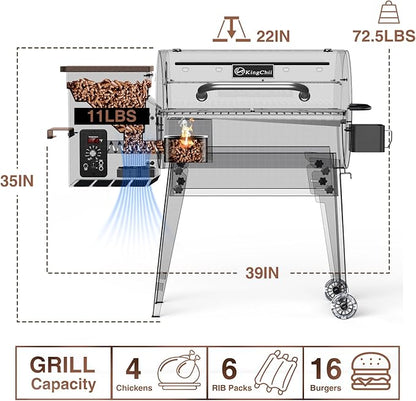 KingChii Portable Electric Wood Pellet Grill & Smoker with Foldable Legs, 456 SQ.IN Grill Capacity, 18LB Hopper, with PID Temperature Control (180-425°F) for Backyard Camping Bake and Roast