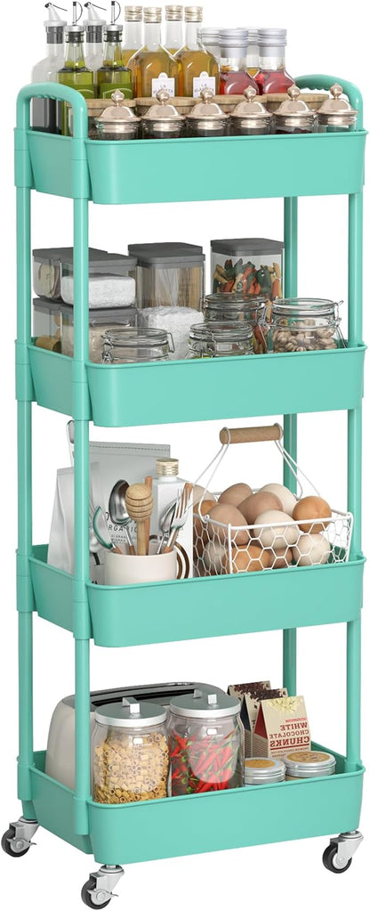 Sywhitta 4-Tier Plastic Rolling Utility Cart with Handle, Multi-Functional Storage Trolley for Office, Living Room, Kitchen, Movable Storage Organizer with Wheels, Green