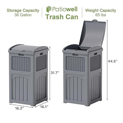 Patiowell 36 Gallon Outdoor Trash Can, Resin Outdoor Garbage Can with Lid for Patio, Backyard, Deck, Gray
