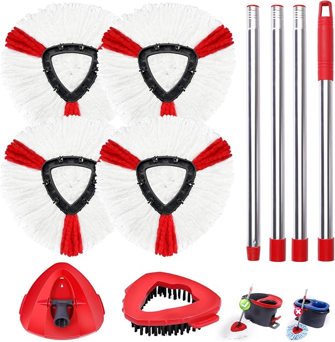 Mop Heads Replacements Complete Combo for O-Ceda,4 Pcs Red Machine Washable Microfiber Spin Mop Refills Replace Heads,1 Scrub Brushs,1 Base,1 Set Handle,Spin Mop Replacements for Tub and Tile Cleaning