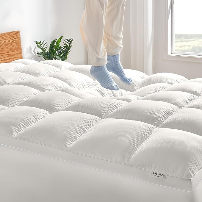 SLEEP ZONE Mattress Topper Full Size, Extra Thick Fitted Mattress Pad for Back Pain, Plush and Support Mattress Cover, Deep Pockets Mattress Protector, Hotel Quality (White, Full)