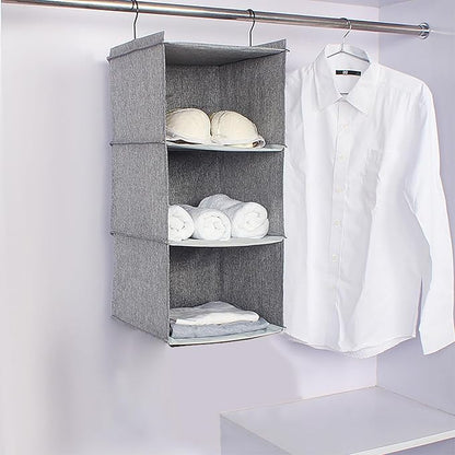 Hanging Closet Organizer, Easy Mount Collapsible 3-Shelf Camper Closet Wardrobe Hanging Storage Shelves, Folded Clothes Towels Handbag Shoes Accessories Storage, Linen Cloth, Gray