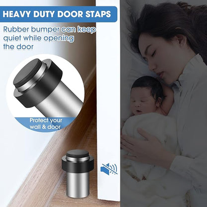 Chumia 6 Pcs Door Stopper Mounted Floor Stops Stainless Steel Cylindrical Stopper Modern Decorative Rubber Bumper Stops Holder Wall Protector for Bottom or Top of Door (Silver)