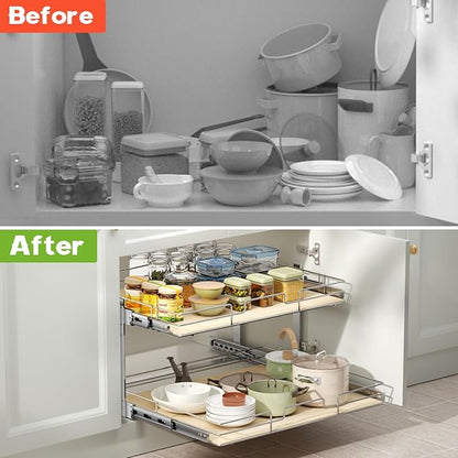 ROOMTEC 2 Tier Individual Pull Out Cabinet Organizer 19½"W x 21½"D, Slide Out Wood Shelves Organizers, Pull Out Drawers Organization and Storage for Kitchen Cabinet