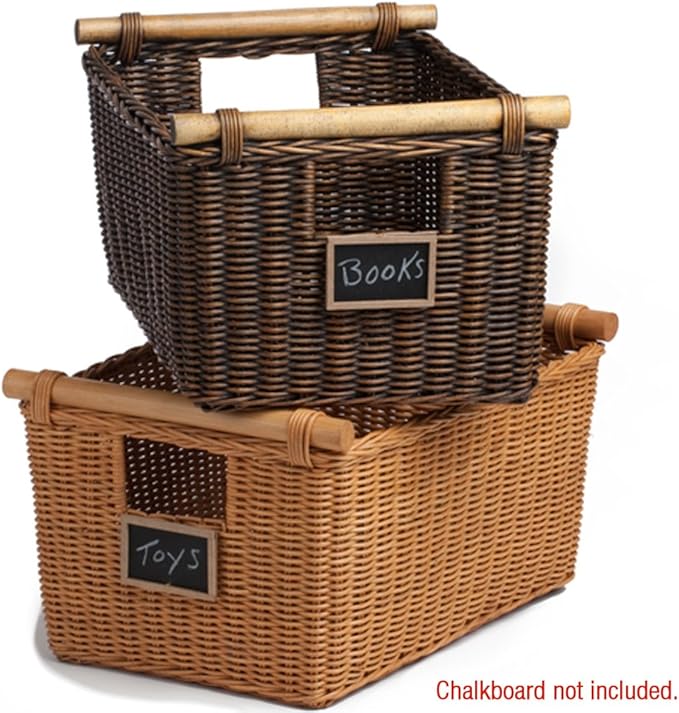 The Basket Lady Pole Handle Wicker Storage Basket, Medium, 16 in L x 12 in W x 8.25 in H, Antique Walnut Brown