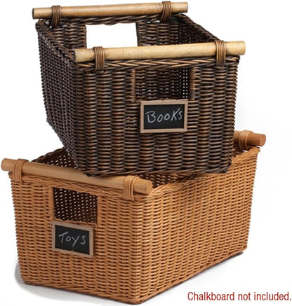 The Basket Lady Pole Handle Wicker Storage Basket, Medium, 16 in L x 12 in W x 8.25 in H, Antique Walnut Brown