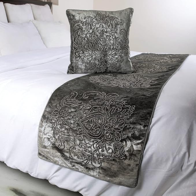 HomeCentric Designer Handmade Bed Runner and Throw Pillow Cover, 74 x 18 Inch Damask Foil Velvet and Embroidery Bed Linen