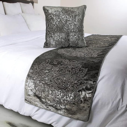 HomeCentric Designer Handmade Bed Runner and Throw Pillow Cover, 74 x 18 Inch Damask Foil Velvet and Embroidery Bed Linen
