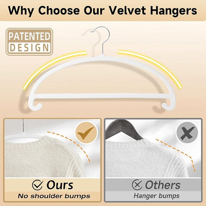 MIZGI 50 Pack White Velvet Hangers - No Shoulder Bumps, Heavy Duty Non-Slip Chrome Hooks for Jackets, Coats, Pants