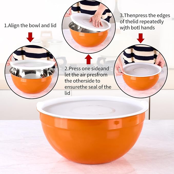 Orange Mixing Bowls with Lids Set of 7, Stainless Steel Nesting Bowl with Khaki Lid for Non-slip Mixing Prepping Storing Serving, 7 Sizes-7/3.6/2.7/2.1/1.5/1/0.8 QT