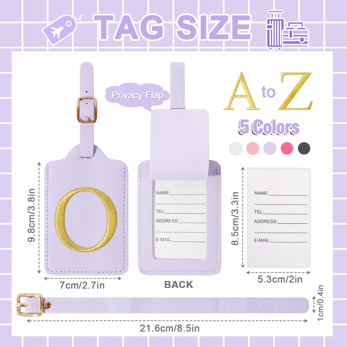Personalized Initial Luggage Tags for Suitcase, Purple Leather Cute Luggage Tags with Privacy Cover Name Card, Embroidered Custom Monogrammed Luggage Tag Travel Backpack Tags Gifts for Women Kids(O)