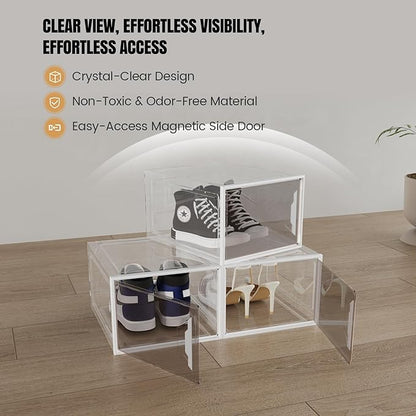 Shoe Storage Boxes Stackable, X-Large Plastic Clear Shoe Organizers with Magnetic Door, Thicken & Sturdy Sneaker Containers, Toy Storage Organizer Bins for Entryway, Closet, Under Bed