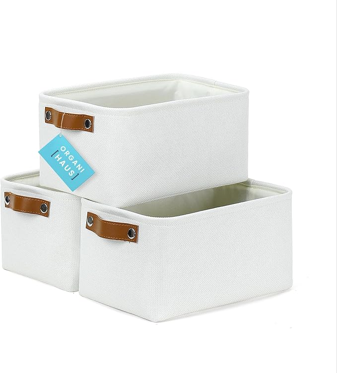 OrganiHaus Small Fabric Storage Bins for Shelves 12x8in, Closet Storage Baskets for Shelf Organizing, Canvas Rectangle Bins for Organization, Small Baskets for Organizing - Off-White
