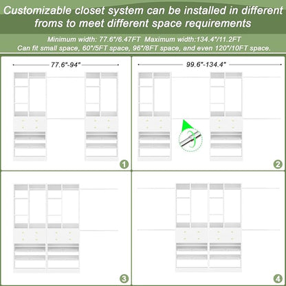 Closet System, Up to 134"/11.2 FT Closet Organizer with 4 Wooden Drawers and Shelves, Walk-in Closet System with 6 Hanging Rods, Built-in Closet Can Fit 96"/8FT, 120"/10FT, White