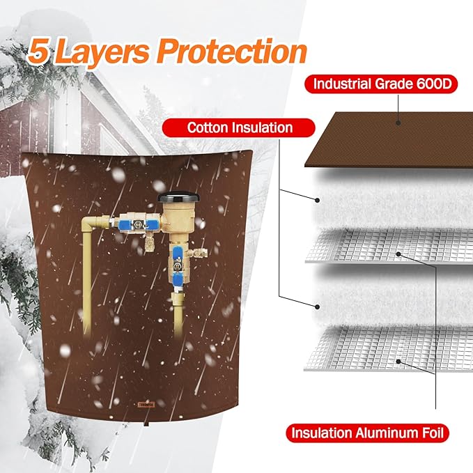TOHONFOO Backflow Preventer Pipe Insulation Cover (5°F) - Irrigation Sprinkler Valve Insulated Pouch - Water Well Pump Cover - Sturdy 5 Layers for Winter Freeze Protection, 28" W x 36" H, Brown