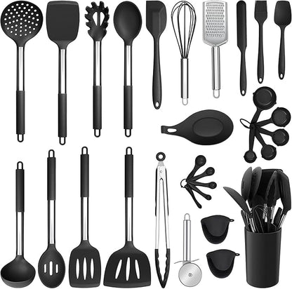 Silicone Kitchen Utensils Set, E-far 30-Piece Cooking Utensils Set with Holder, Heat Resistant Kitchen Spatulas Turner Tong Spoon Whisk Ladle for Nonstick Cookware, Stainless Steel Handle (Black)