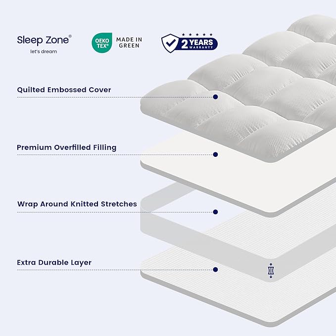 SLEEP ZONE Mattress Topper Twin Size, Extra Thick Fitted Mattress Pad for Back Pain, Plush and Support Mattress Cover, Deep Pockets Mattress Protector, Hotel Quality (White, Twin)