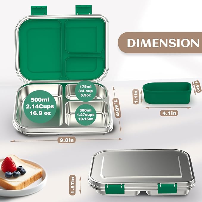 Stainless Steel Bento Box Kids, 3 Compartments Leak Proof Metal Bento Lunch Box, 304 Stainless Steel Bento Lunch Containers for School and Office,Dishwasher Safe, BPA-Free-Green