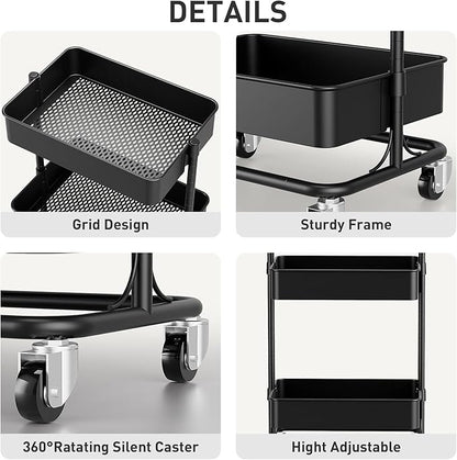 3 Tier Modern Metal Rolling Tool Cart with Silent Casters, 15.35x11.81x23.74 inch Heavy Duty Organization Truck Trolley Organizer for Office, Living Room, Kitchen, (Black)