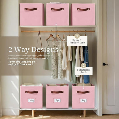 DECOMOMO Storage Bins, Cube Storage Bin with Labels, Fabric Storage Cubes for Shelves (10.5" x 11" / 6pcs, Pink)