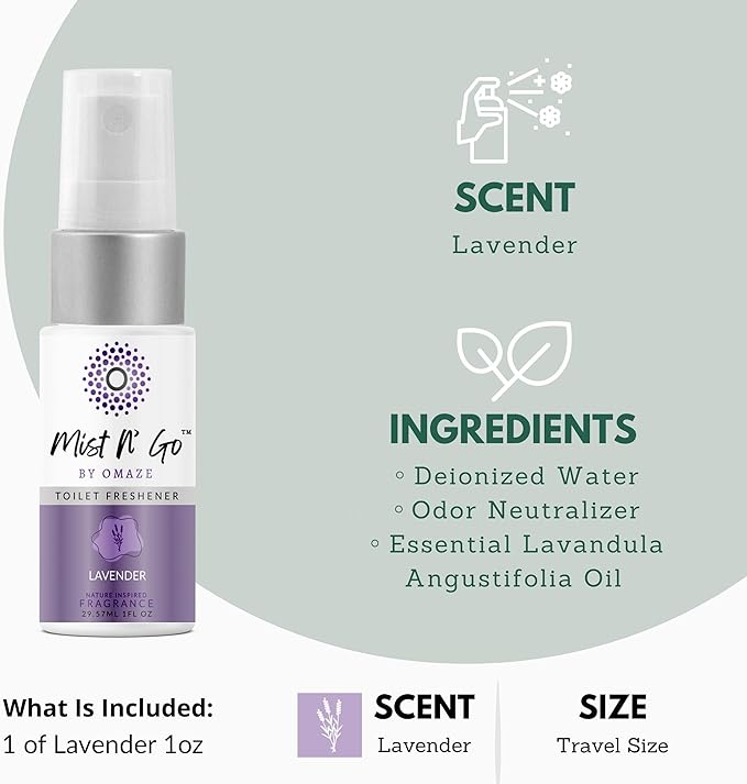 Mist N’ Go by Omaze Travel Bathroom Spray for Toilet Spray Odor Eliminator - Travel Toilet Spray for Bathroom Air Freshener Spray for Bathroom Deodorizer - Lavender Travel Size (1oz x1)