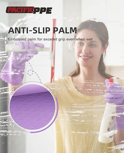 PACIFIC PPE 4 Pairs Reusable Dishwashing Cleaning Gloves with Latex Free, Cotton Lining, Kitchen Gloves, Purple, Large