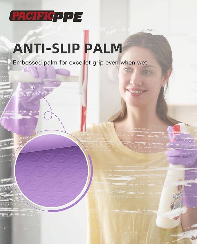 PACIFIC PPE 4 Pairs Reusable Dishwashing Cleaning Gloves with Latex Free, Cotton Lining, Kitchen Gloves, Purple, Medium