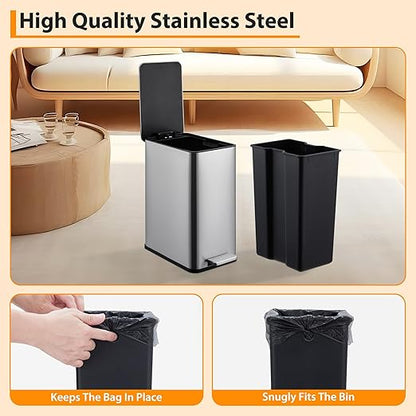 2.6 Gallon Kitchen Trash Can, Stainless Steel Garbage Can with Soft-Close Lid, Step Rubbish Bin with Removable Inner Bucket, Narrow Recycle Bins for Kitchen, Bathroom, Bedroom